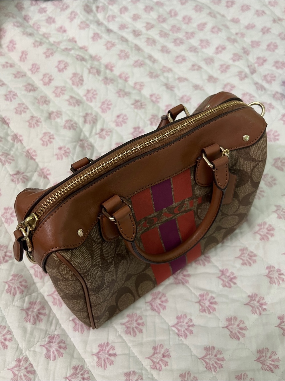 Coach Brown Signature Purse with Red & Pink Center Stripes - Picture 3 of 8